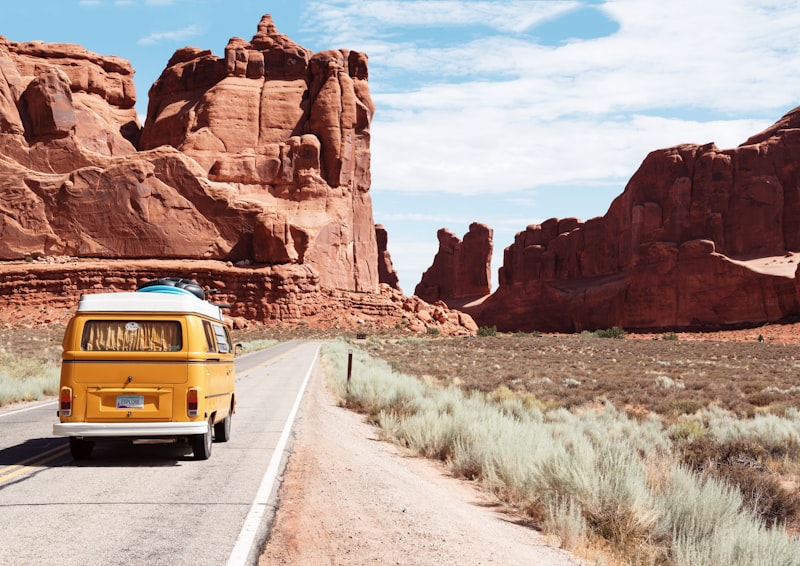 Yellow van on desert highway
